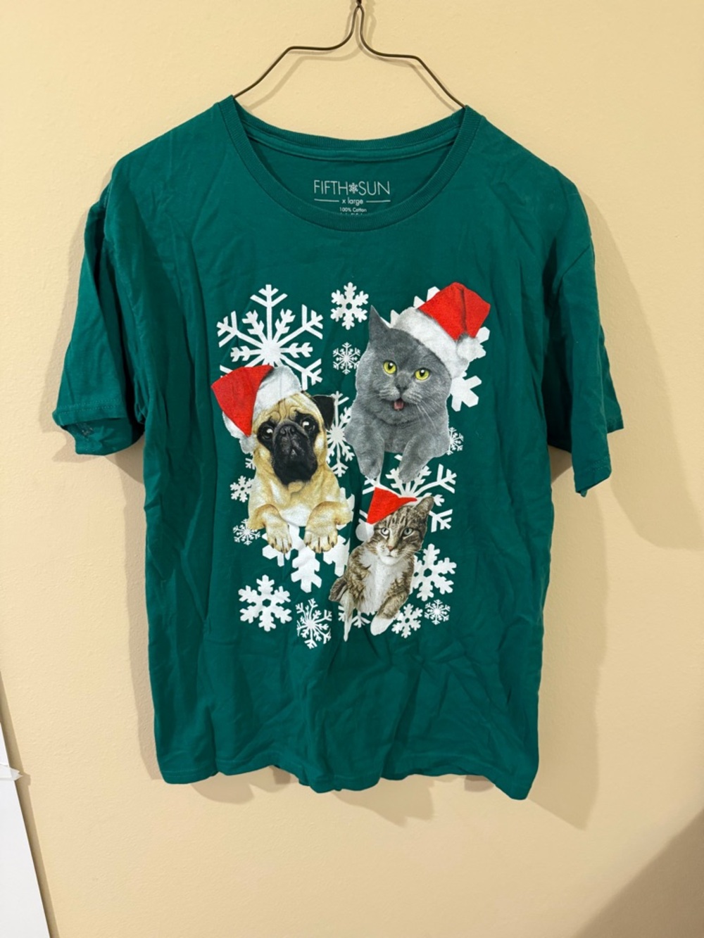 Fifth Sun Teal Crewneck Graphic Tee with White Snowflakes